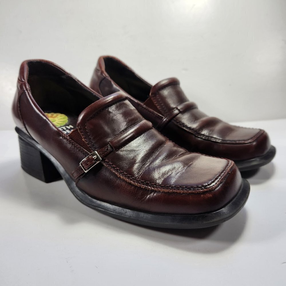 Earth Shoes Women’s 7 Brown Leather Slip‑On Comfort Loafer Square Chunky Heel